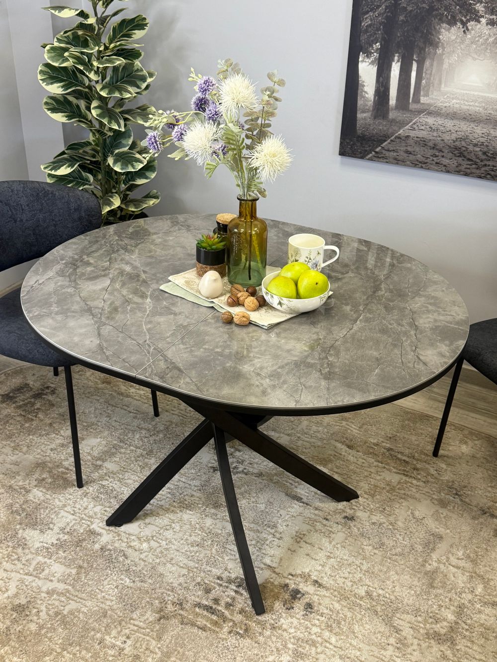 Стол Kenner R1100s, черный/керамика мрамор серый глянец