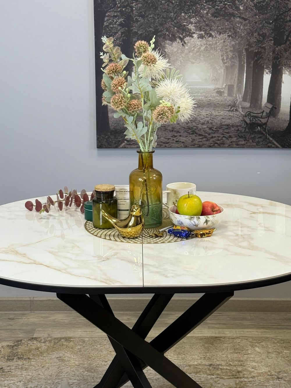 Стол Kenner R1100s, черный/керамика мрамор белый глянец