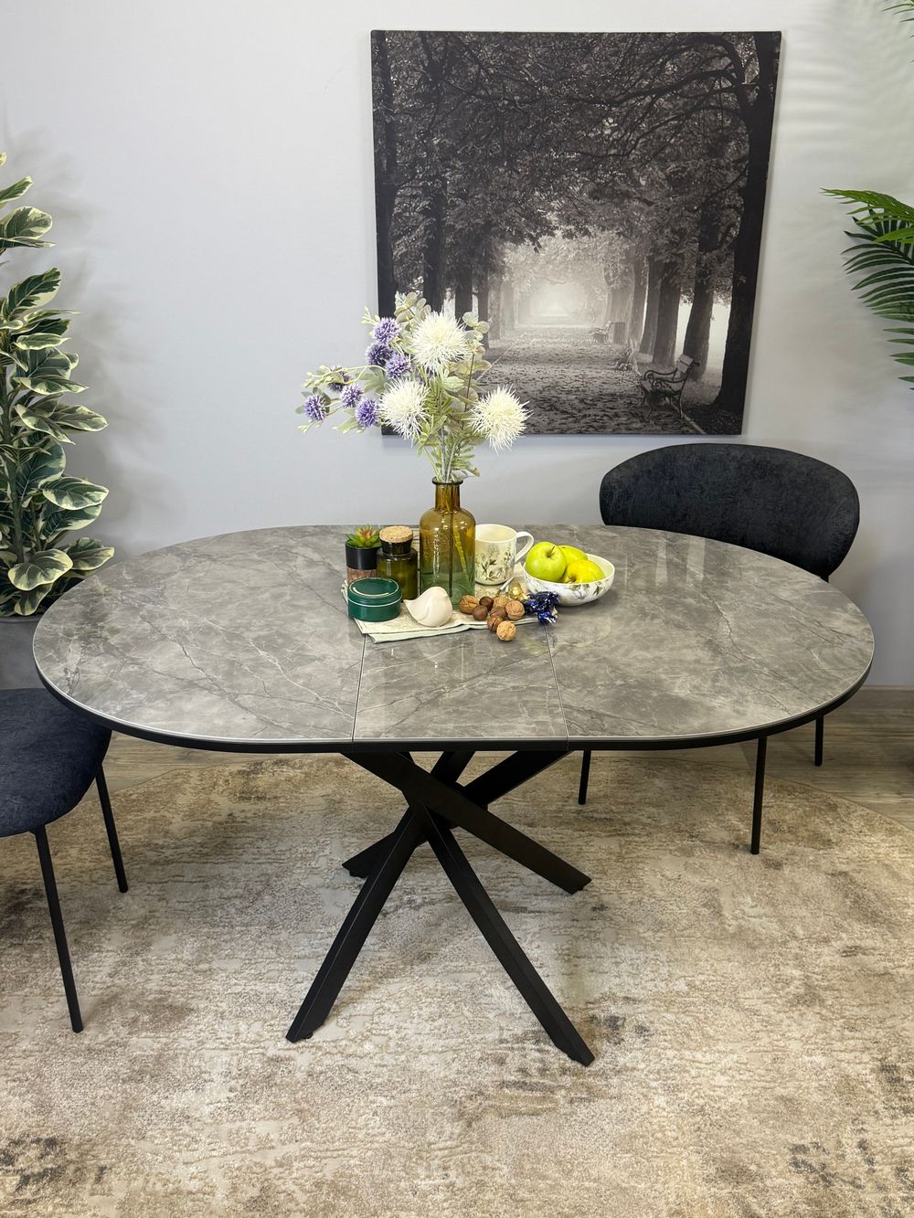 Стол Kenner R1100s, черный/керамика мрамор серый глянец